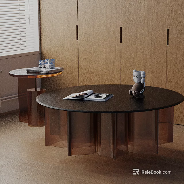 Modern Round Coffee Table Set With Black Tabletop Brown Supports And Side Table 3d model