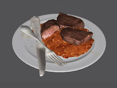 Juicy Steak with Savory Beans Served on White Plate and Silver Knife Fork Set 3d model