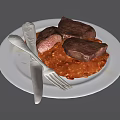 Juicy Steak with Savory Beans Served on White Plate and Silver Knife Fork Set