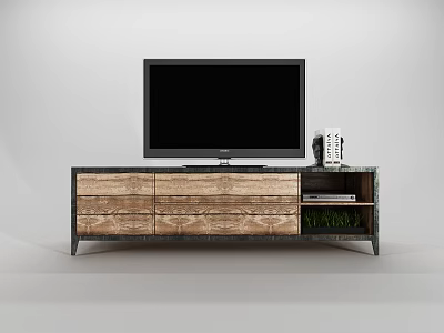 Wooden TV Stand With Flat Screen TV Storage Drawers And Decorative Items 3d model