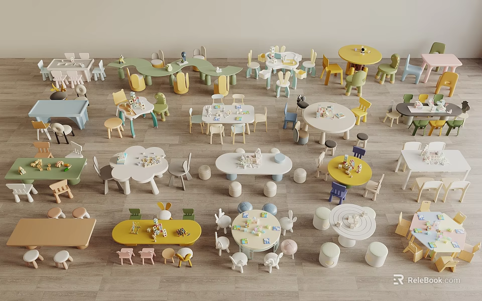Colorful Children's Tables With Various Designs And Matching Chairs For Kids Rooms 3d model 