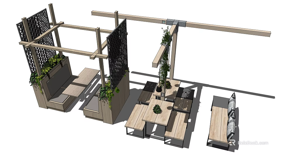 Outdoor Wooden Landscape Seating With Green Plants And Open Frame Design 3d model 