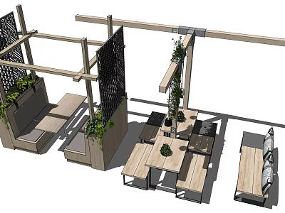 Outdoor Wooden Landscape Seating With Green Plants And Open Frame Design 3d model