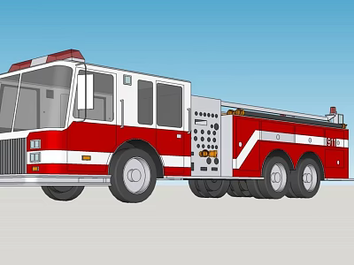 Red Fire Truck With Multiple Wheels And Firefighting Equipment Ladder 3d model