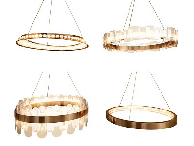 Modern Interior Hanging Chandeliers With Golden Ring Design And Illuminated Discs 3d model