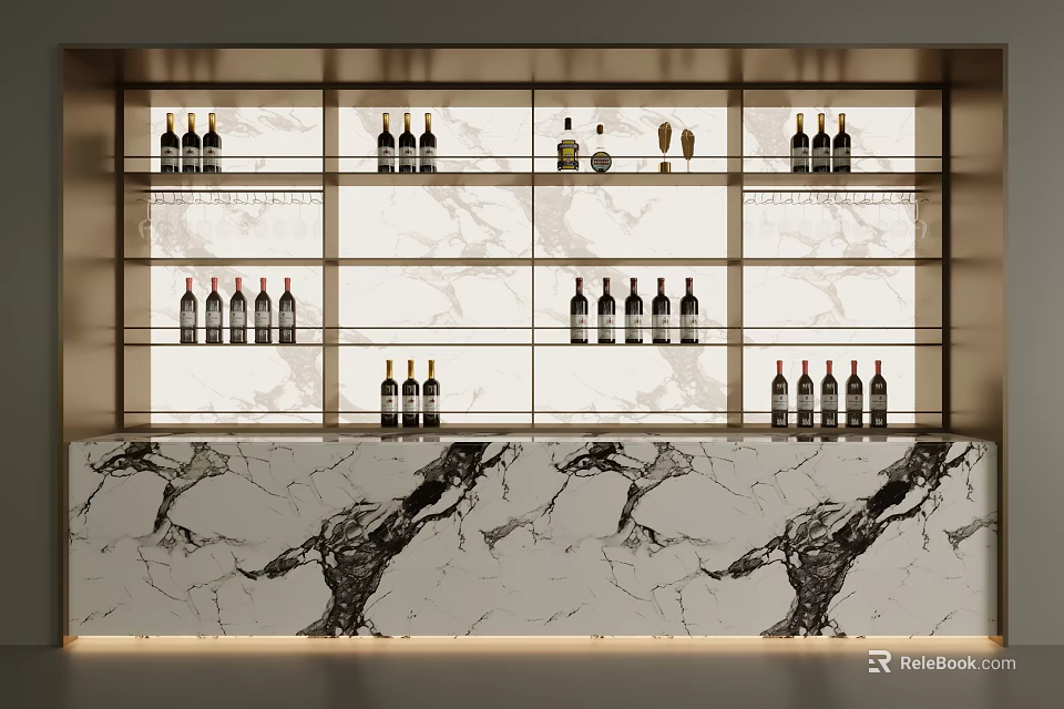 Modern Wine Cabinet With Open Shelves And Marble Countertop Displaying Wine Bottles 3d model 
