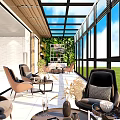 Villa Balcony Featuring Large Glass Windows Glass Roof Green Lawn View Sofa Furniture and Plants