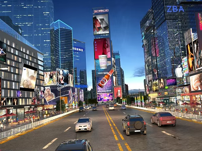 Bustling Modern Commercial Street With Tall Buildings Bright Billboards And Moving Cars 3d model