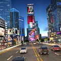 Bustling Modern Commercial Street With Tall Buildings Bright Billboards And Moving Cars