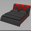 Gray and Red Bed Furniture with Checkerboard Pattern Headboard and Pillows
