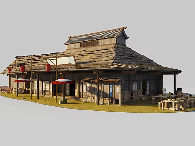 Green Grass And Plants Surrounding Traditional Japanese Style Building With Outdoor Tables 3d model