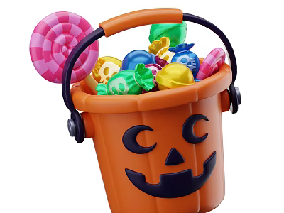Festive Decorative Ornament Set With Orange Pumpkin Bucket Smiley Face And Colorful Candies 3d model