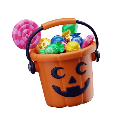 Festive Decorative Ornament Set With Orange Pumpkin Bucket Smiley Face And Colorful Candies 3d model