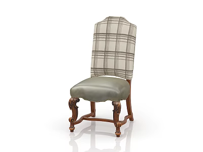 Vintage Dining Chair With Plaid Backrest Gray Upholstered Seat And Carved Wooden Legs 3d model