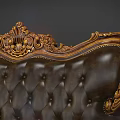 Vintage Brown Leather Double Sofa With Ornate Carved Details And Tufted Backrest