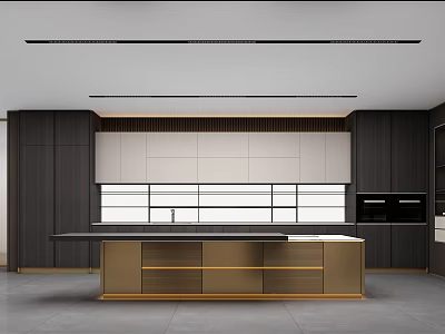 Modern Kitchen Interior With Dark Cabinets Gold Island And Large Windows 3d model