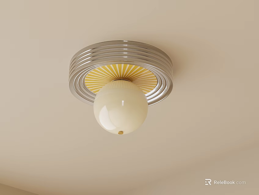 Modern Ceiling Light With Circular Metallic Ring Design White Globe And Yellow Detail 3d model