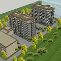 Modern Residential Building Exterior With Greenery Trees And Parked Cars