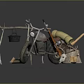 Adventure Motorcycle With Hanging Iron Pot Rolled Yellow Gear Axe Wooden Stump And Animal Skull