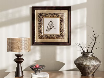 Decorative Ornaments With Framed Artwork Gold Border Table Lamp Vase Twigs And Bowl On Books 3d model