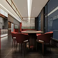 Modern Hotel Lobby Interior With Decorative Screen Staircase Orange Lighting And Dark Flooring