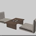 Modern Minimalist Wooden Tea Table With Beige Upholstered Seats And Tea Set