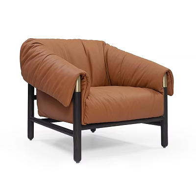 Modern Brown Leather Upholstered Lounge Armchair With Dark Solid Wood Frame And Elegant Brass Details 3d model