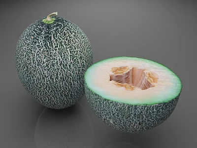 Fresh Whole and Halved Cantaloupe Showing Green Netted Rind Orange Flesh and Seeds 3d model
