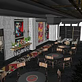 Hotpot Restaurant Interior Design With Wooden Tables Colorful Carpet And Indoor Plants
