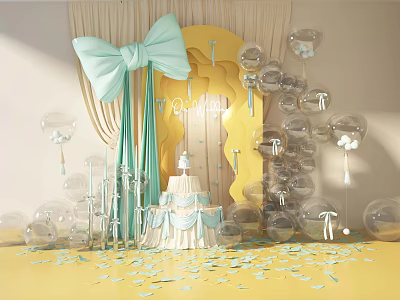 Transparent Balloons With Light Blue Bow And Yellow Backdrop For Birthday Cake Decor 3d model