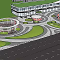 Urban Park Landscape with Green Roof Buildings Circular Design Curved Walkways and Trees