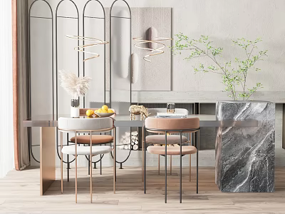 Modern Dining Table Set With Grey And Pink Chairs Marble Decor And Green Plant 3d model