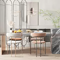Modern Dining Table Set With Grey And Pink Chairs Marble Decor And Green Plant
