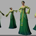 Traditional Green And Yellow Costumed Female Characters With Long Dresses Sash And Tassels