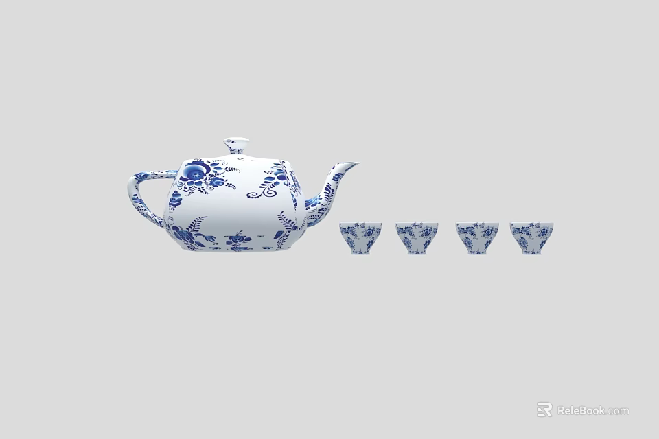 Blue and White Ceramic Teapot with Floral Patterns and Matching Teacups 3d model 