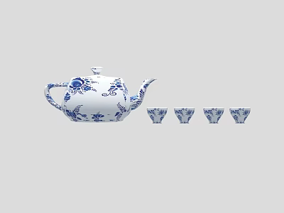Blue and White Ceramic Teapot with Floral Patterns and Matching Teacups 3d model