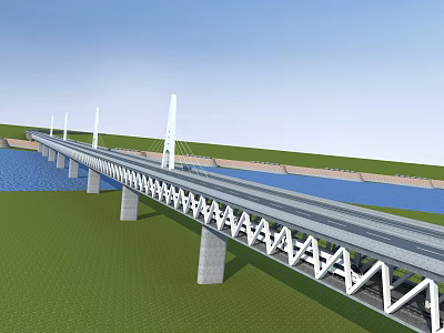 Modern Steel Truss Bridge With White Pylons Over River And Green Grass 3d model