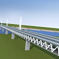 Modern Steel Truss Bridge With White Pylons Over River And Green Grass