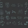 Golden Primitive Art Symbols Including Handprints Footprints And Animal Figures