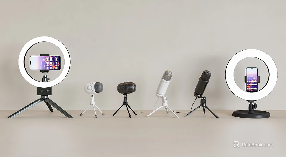 Essential Mobile Digital Accessories Including Phone Ring Light Microphones And Tripods 3d model 