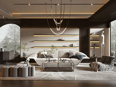 Modern Living Room Interior With Chandelier Sofa Coffee Table Decorative Shelves And Plants 3d model