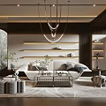 Modern Living Room Interior With Chandelier Sofa Coffee Table Decorative Shelves And Plants