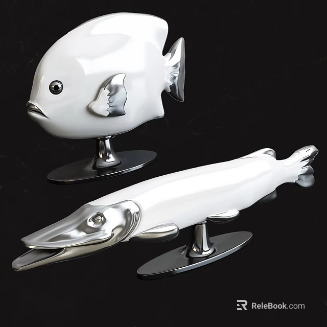 White Ceramic Fish Sculptures With Silver Accents And Metallic Base 3d model 