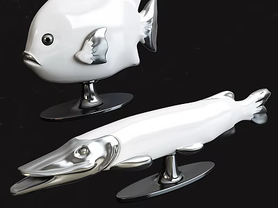White Ceramic Fish Sculptures With Silver Accents And Metallic Base 3d model