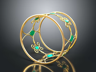 Gold Circular Jewelry With Intricate Openwork Design And Green Gemstone Inlays 3d model
