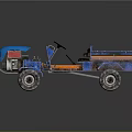 Blue And Orange Tractor With Open Trailer And Seats On Black Background