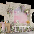 Beautiful Wedding Decor Setup With Floral Arch Pink Backdrop Mirror And Bench 3d model