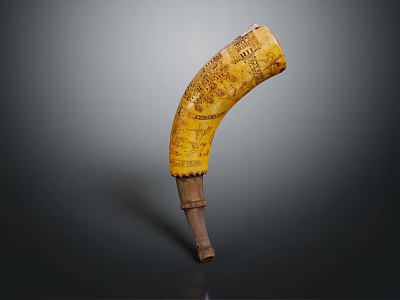 Yellow Decorative Horn Shaped Ornament With Wooden Base And Engraved Patterns 3d model