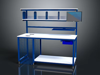 Modern Office Desk With Blue Frame White Tabletop Shelf Compartments And Wire Mesh Storage 3d model