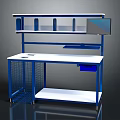 Modern Office Desk With Blue Frame White Tabletop Shelf Compartments And Wire Mesh Storage